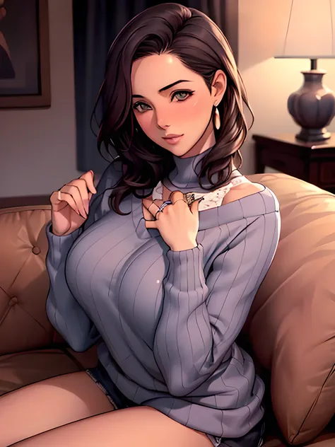 a cartoon of there is an animated women posing in front of couch and dresser, 1girl, ring, mature female, solo, blush, wedding ring, breasts, sweater, jewelry, large breasts