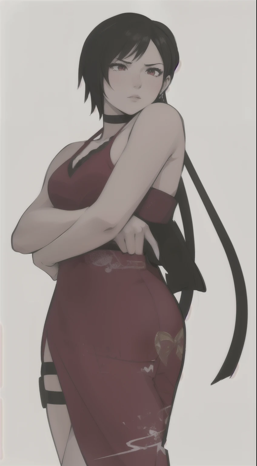 a woman in a red dress with a black bow and a red dress, das meninas da linha de frente, katanas amarradas nas costas, Yandere intricate, Yandere. alto, tifa, gapmoe Yandere, Rin Tohsaka, gapmoe Yandere grimdark, anya from the spy family x, por Shingei, An...