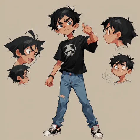 A manga style drawing of a light skinned, teenage boy standing in a triumphant pose. He has slightly wavy and unruly short black hair, and sinister eyes. Hes dressed in a plain black t-shirt, and uses jeans and sneakers. The boy can be seen frowning in a m...