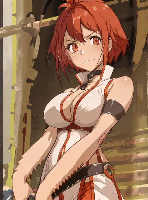 (vesta_harem:1.2), (1girl:1.2), (solo:1.6), large breasts, huge breasts, red eyes, red hair, short hair, (shikidouji:1.2), tall, glaring, >:(, holding_sword, (holding_weapon:1.4), holding, collar, white_dress, red_trim, cleavage, navel, sleeveless, bare_sh...