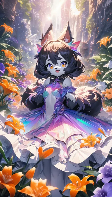 furry, personified, best quality, super fine, 16k, incredibly absurdres, extremely detailed, black cat beast-girl, looks very happy wearing cute frilly dress, cute pose, buried among white lilies of the valley, orange lilies, and purple violets, happy look...