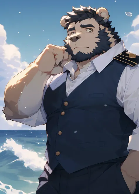 hairy，（Bear，White captain suit，Wearing a captain hat），beard，white fur，short black hair，male，brown eyes，Common，captain，Fingers far away，full-body shot，On the splint，Detailed ocean background，Extremely lifelike shade，masterpiece，Very detailed，lifelike