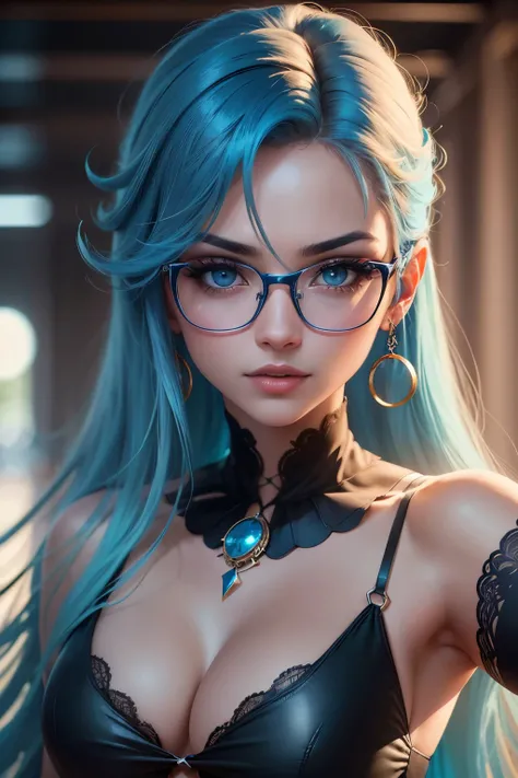 (obra-prima1:2, 4K, 8k, Melhor qualidade, high resolution), mulher sexy, cabelo longo azul, Olhos lindos, wearing glasses, estilo ciberpunk, cores vivas, look sexy, rosto sedutor, pov, visualizadores  