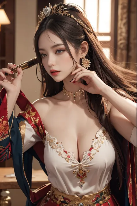 best quailty，​masterpiece，((Ultra-detailed high resolution))，（realistic pubic hair：1.4），OriginalPhoto，，illustratio，1girl huge large breasts，handheld weapon，（Solo exhibition：1.2），（cowboy lens：1.2），（Hair crown：1.2），Traditional costumes of Dunhuang, China，No ...