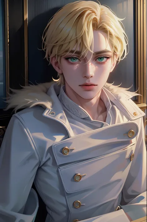 masterpiece, best quality, 1man, adult, male focus, solo, blonde hair, vibrant green eyes, looking at viewer, closed mouth, fur, Fantasy aesthetics, Highly detailed, shadowverse style, white leather coat