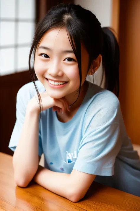 (highest quality, masterpiece), (beautiful japanese girl), (freckles:0.6), ponytail, smile, publicity photo