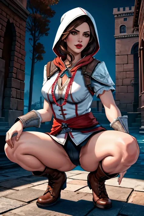 La mujer, Стиль Assassins Creed, ropa corta, poca ropa, botas hasta la rodilla, Pulseras en las piernas, Ciudad medieval al fondo, Renacimiento, muy detallado, Realistic long-term photography., 4k, pelo largo, brown hair, By the chestnut, labios rojos, med...