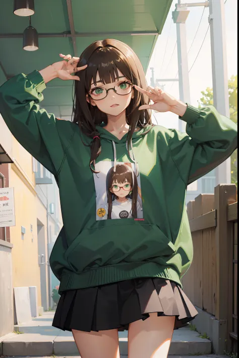 Anime Girl Cheveux châtain foncé Yeux verts avec des lunettes et un sweat-shirt avec des mots (gang stupide)