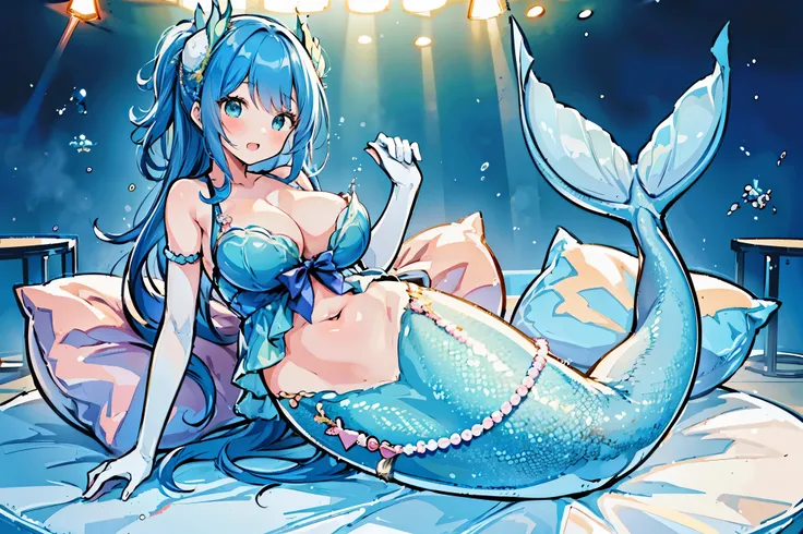 masterpiece, best quality,a female,big breasts,Mermaid,藍色的Mermaid尾巴,full-body shot,for the audience,Get posed,charming脸(kawaii, charming,soft)