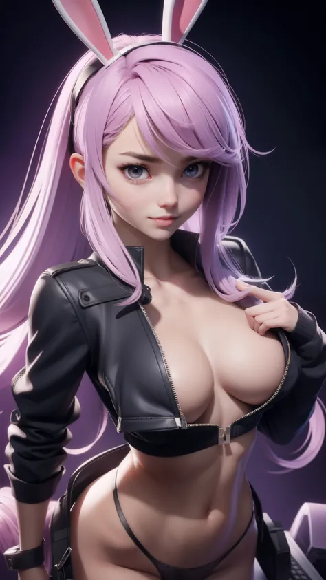 cute bunny hacker, intense hack, seductive, thong, topless, exposed chest, perfect medium breasts