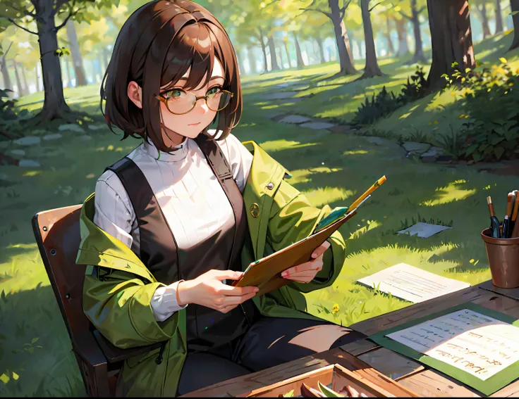 Woman with chestnut brown hair and wearing a green coat is sitting on the grass Peinture, femme portant des lunettes noires, mid shoulder hair, cheveux courts, le propriétaire est juste en train de dessiner, Peinture, vue, forest