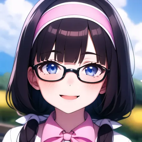 girl, blue sky and white clouds, wearing silver glasses, happy, happy, cheeks flushed, black hair, wearing a pink bow headband, ...