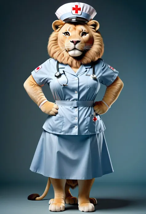 photorealistic portrait of Dressed animals - a ((fat)) lion nurse,(hands on hips:1.2),(), high quality,(lovely) ,intricate details, highly detailed (( nurse costume)), wearing nurse cap and skirt , highly detailed medical equipment , (happy), studio lighti...