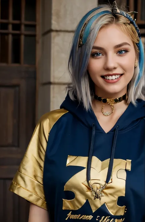 (masterpiece, best quality),  intricate details,, 1girl,     Gura, multicolored hair, blue eyes, shark hair ornament, gold hair ornament, gold choker, gold bracelet, sharp teeth, grin, blue hoodie,,  greek clothes, peplos,