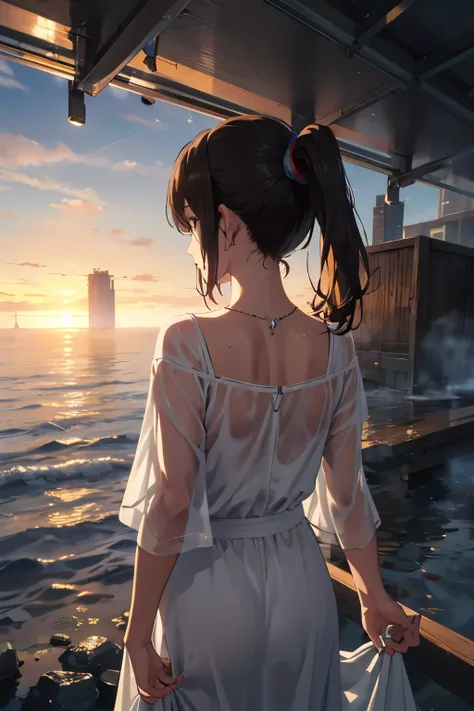 A mature woman in a wet white dress gets wet in a rush, mist sprays from below the surface to above, brown hair ponytail, sunset, masterpiece, rainbow appears, necklace light