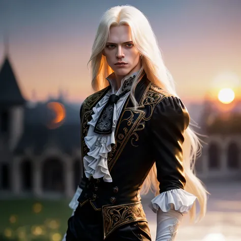 (masterpiece), (extremely intricate:1.3), (realistic), Alucard Tepes, Castlesvania, portrait of a a man, the most beautiful in the world, (black pants and white puffy shirt). (long blond hair), (golden eye), (pale skin), upper body, outdoors, intense sunli...