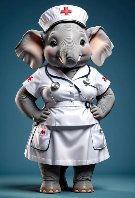 photorealistic portrait of Dressed animals - a ((fat)) cute elephant nurse,(hands on hips:1.2),(), high quality,(lovely) ,intricate details, highly detailed (( nurse costume)), wearing nurse cap and skirt , highly detailed medical equipment , (happy), stud...