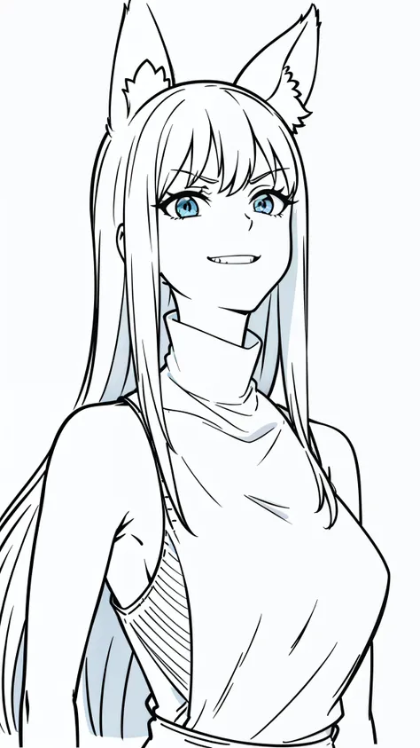 (1girl,mature female,tall),solo,white hair,fox ears,(white background,line drawing,sketch),upper body,white tank top,turtleneck,long hair,angry,smile,sharp teeth,upper body,looking up,from below