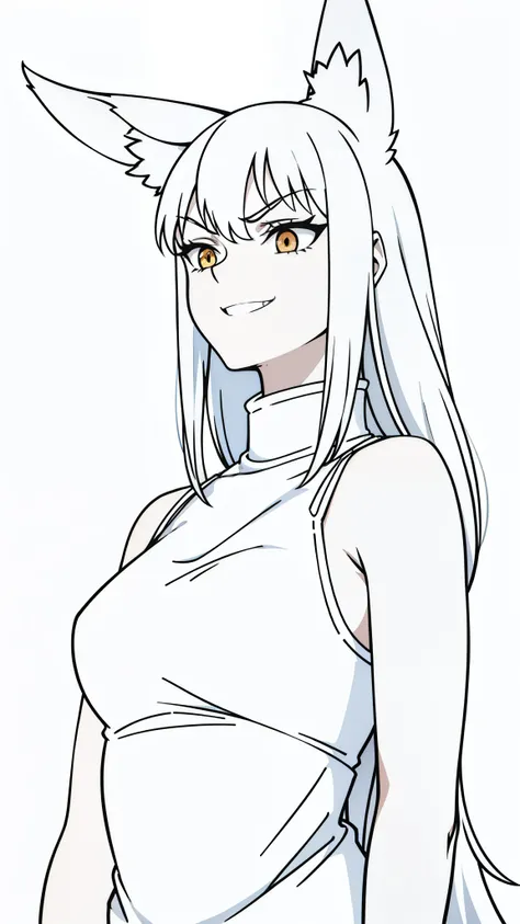 (1girl,mature female,tall),solo,white hair,fox ears,(white background,line drawing),upper body,white tank top,turtleneck,long hair,angry,smile,sharp teeth,upper body,looking up,from below