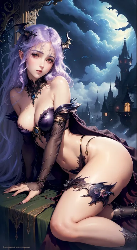 ((highest quality)), ((masterpiece)), (be familiar with), charming succubus, mysterious beauty, perched above the clouds, (fantasy illustration:1.3), captivating gaze, seductive pose, delicate wings, Otherworldly charm, mysterious sky, (Luis Royo:1.2), (Yo...