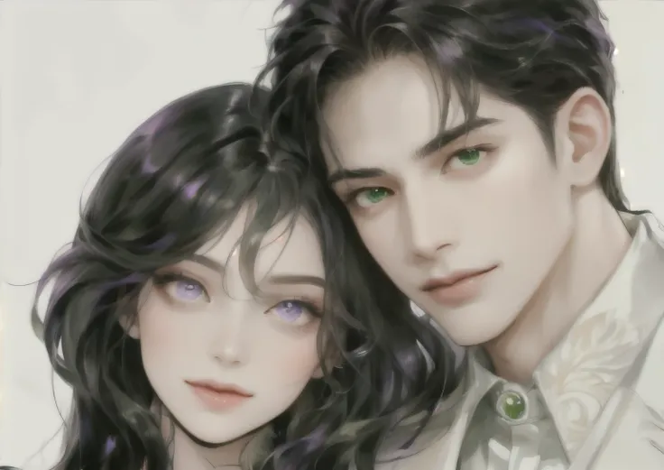 there is a drawing of a man with green eyes and a woman with purple eyes, couple portrait, 