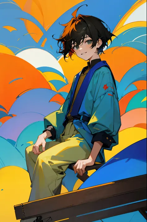 1 Male, teenager male, An artist, Sitting on a platform, colorful background city, Stunning light from distant brightens the scene, smile face, paintbrush, Casts a deep shadow on the clothes, colorful clothes, masterpiece