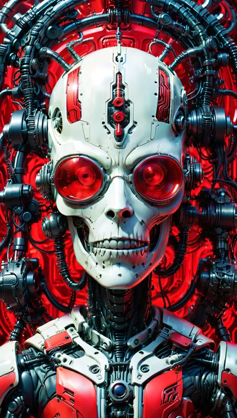 futuristic biomechanical illustration of a robotic figure, red glasses, intricate machinery in background, android jones, giger ...