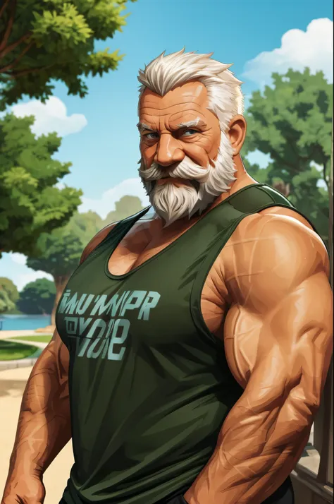 (vector:2.0, mwvector), portrait, huge muscular old man in park, beard, happy, summer, tank top, detailed vector, high detail, h...