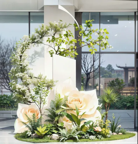 designing an indoor garden with lush greenery and white roses creates a serene atmosphere that summons the notion of spring at t...