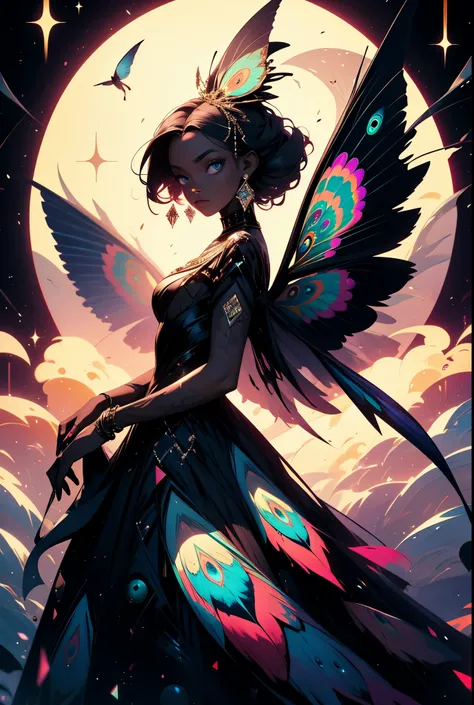 a colorful moth black woman wearing a peacock designed dress, otherworldly, an album cover, aestheticism, moon and triangle background, surreal photography