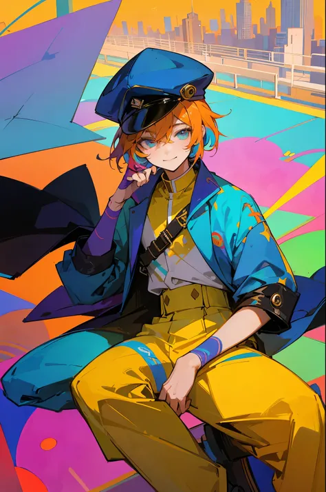 1 Male, teenager male, An artist, Sitting on a platform, colorful background city, Stunning light from distant brightens the scene, smile face, paintbrush, Casts a deep shadow on the clothes, wearing a cap, colorful clothes, masterpiece, close up