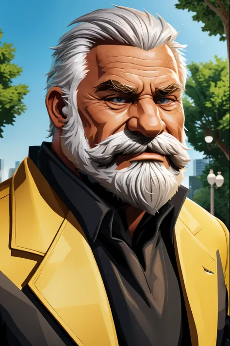 masterpiece, high quality, 8k, FHD, HDR, portrait, muscular old man in park, beard, happy, summer, suits, (vector, mwvector), detailed vector, high detail, half body, realistic, white hair