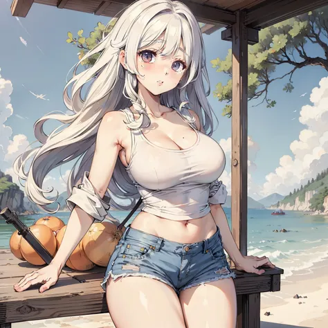 actual, High resolution, 1 girl, white curly hair, Korean, heterochromatic eyes, There is a small mole under the eye, loose white shirt, skinny denim shorts, Big breasts, thigh, Visible masterpiece, realism