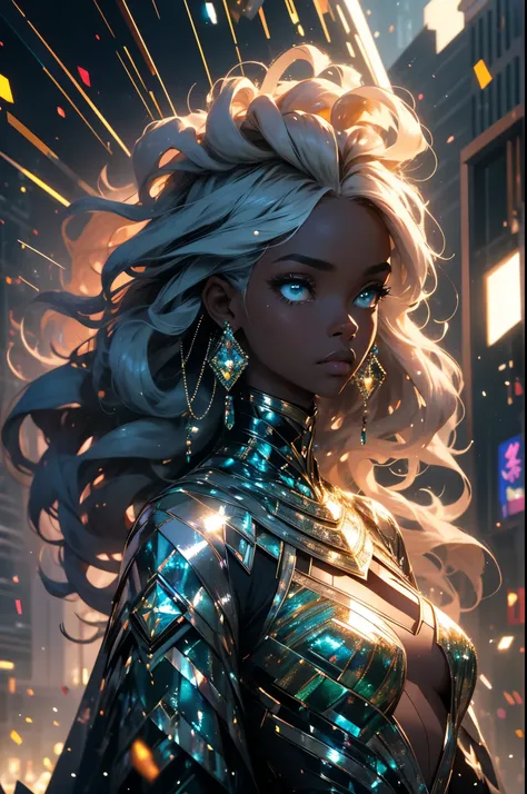 Half body shot of black woman surrounded by glittering bursting mirror glass particles, dressed in african designed attire, her image partially blurry, blue eyes and curly hair, standing in a city with abstract building infrastructures,  glittering and shi...