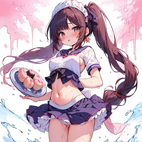 ((日本人のgirl1人、aldult)), ( petite)), black hair、brown hair、masterpiece, 最high quality, high quality, Highly detailed 8K wallpaper,amusement park、Pink hair、tropical night、intense heat、heavy breathing、Breathing、Sweat、headdress、cute girls、Cute Maid、bold pose、(c...