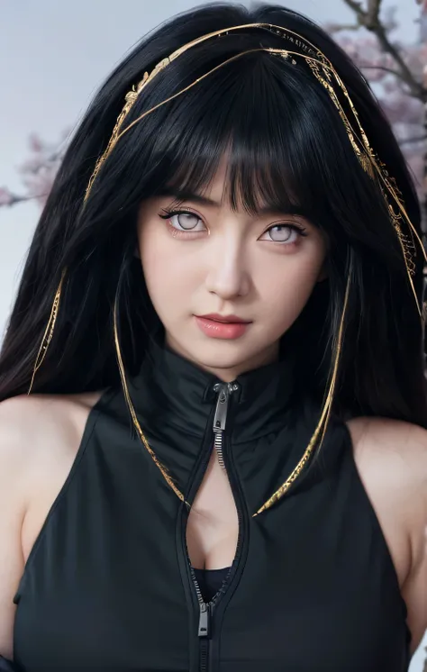 tmasterpiece， Best quality at best， 1girll， Hinata Hyuga ， Large breasts，Off-the-shoulder attire，（cleavage)，（upperbody closeup)，Raised sexy，is shy，ssmile，with black hair， long whitr hair， （Green eyeballs:1.4)， Forehead protection， the cherry trees，Cherry b...