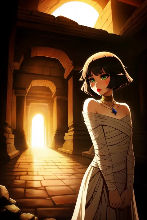 In the heart of a ruined pyramid, shrouded in darkness, a beautiful woman clad in mere white rags, resembling a mummy costume, presents herself. With semi-short hair that cascades down her shoulders, her green eyes, big and expressive, pierce the gloom. He...