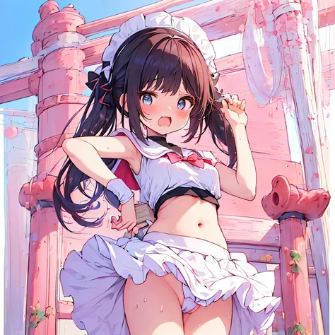 ((日本人のgirl1人、aldult)), ( petite)), black hair、brown hair、masterpiece, 最high quality, high quality, Highly detailed 8K wallpaper,amusement park、Pink hair、tropical night、intense heat、heavy breathing、Breathing、Sweat、headdress、cute girls、Cute Maid、bold pose、(o...