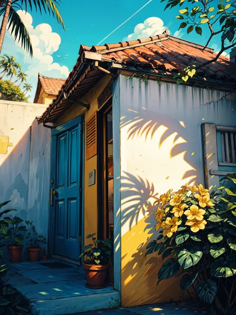 wide view, beach side open roof villa, yellow Bougainvillea flowers, plant pots, palm trees, day light, white picket fences, waves, dramatic blue sky, shadow, shade, light shine on part of foliage, micro landscape, day time, shade, intrinsic details