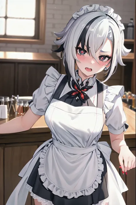 1girl, arlecchino (genshin impact), maid, maid headdress, maid apron, embarrassed, open mouth, blush, light frown, looking at viewer, x-shaped pupils, black eyes, cowboy shot, bar (place), indoors, depth of field