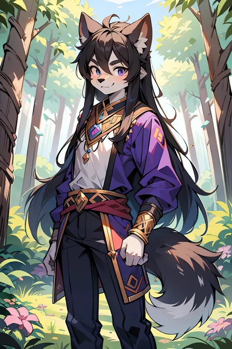 The male wolf is 180 cm tall，blue-purple eyes, , long black hair, end,  The upper body shows off a perfect figure，purple and gold clothing，with smile，two small ears，fair skin standing ，in the forest