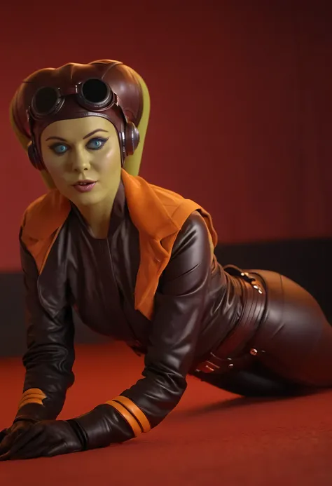  bdsm, bondage, on all fours Portrait of one beautiful hera syndulla wearing a skimpy outfit, (cute face dutch lara), lying in tight latex catsuit,((bondage harness, seamless Latex)) seamless suit, dynamic pose, masterpiece,(background: Fetish ,red lights)...