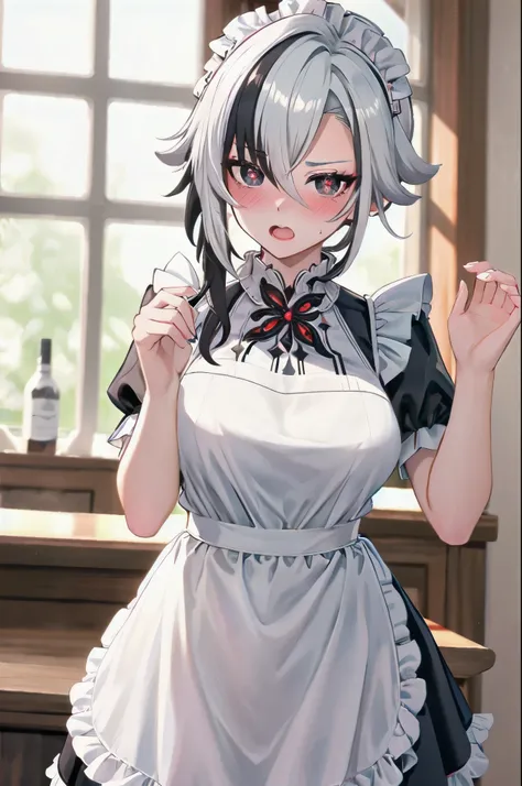 1girl, arlecchino (genshin impact), maid, maid headdress, maid apron, embarrassed, open mouth, blush, light frown, looking at viewer, x-shaped pupils, black eyes, cowboy shot, bar (place), indoors, depth of field