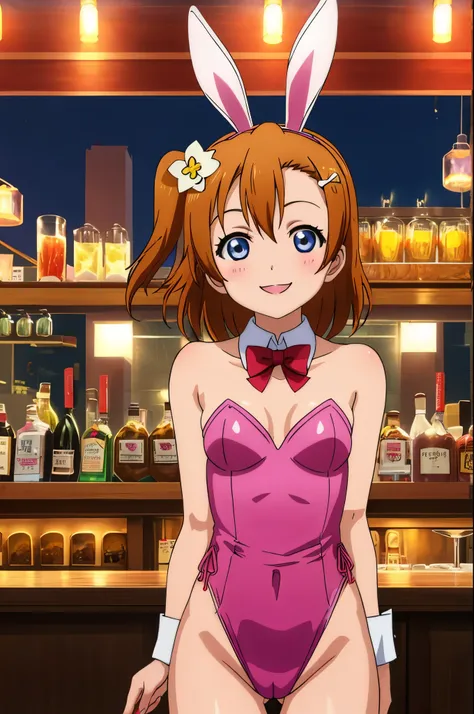 Kousaka honoka, night, bar,pink playboy bunny, short hair, hair ornament, crotch lines, upper body, smile 