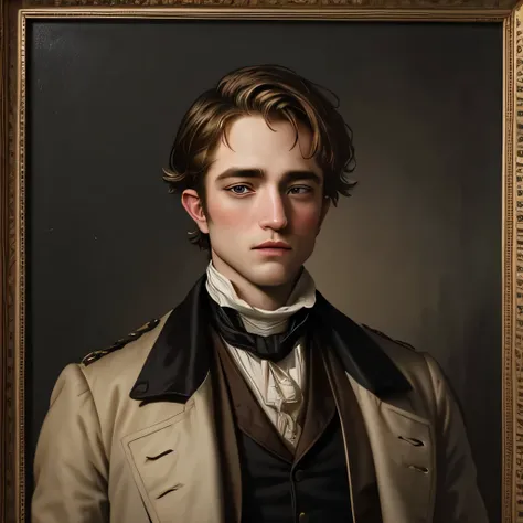 19th century american young man, 19th century oil painting portrait, robert pattinson, colonial american man, oil painting filter, beige coat, cravat