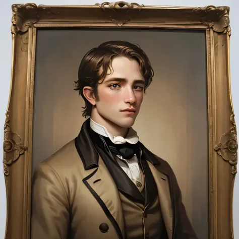 19th century american young man, 19th century oil painting portrait, robert pattinson, colonial american man, oil painting filter, beige coat, cravat