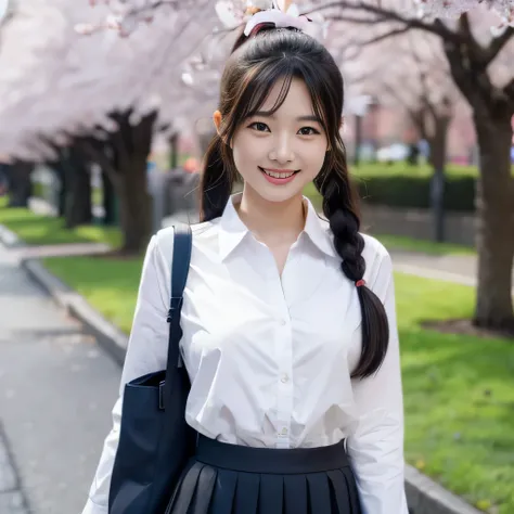 wear 、wear a pleated skirt、,have a student bag、 double ponytail, japanese girl, smiling face、Cute face、At the cherry blossom line、8K, law pictures, highest quality, masterpiece, realistic, Photorealistic super detail, one girl, cute, best smile, beautiful ...