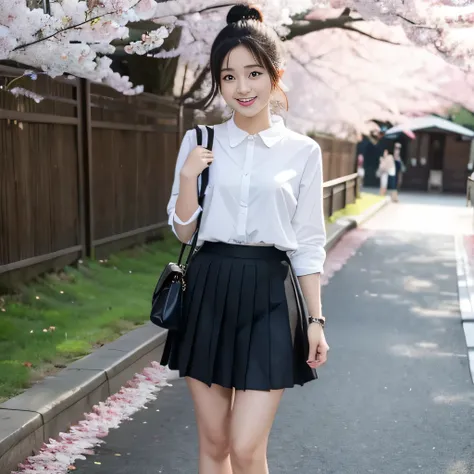 wear 、wear a pleated skirt、,have a student bag、 double ponytail, japanese girl, smiling face、Cute face、At the cherry blossom line、8K, law pictures, highest quality, masterpiece, realistic, Photorealistic super detail, one girl, cute, best smile, beautiful ...