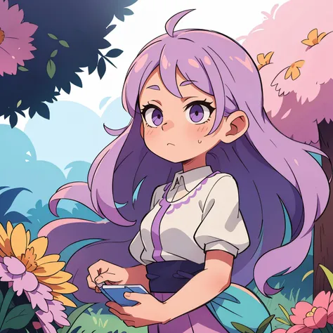 a girl with long, flowing pastel purple hair. 
