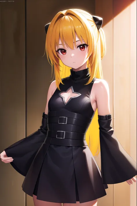 toloveruyami, yami, (yellow hair:1.5), long hair, (red eyes:1.5), hair ornament, (small chest:1.2), 
BREAK sleeveless, detached sleeves, dress, black dress, black skirt, clothing cutout, cleavage cutout,
BREAK outdoors, city,
BREAK looking at viewer, (cowb...